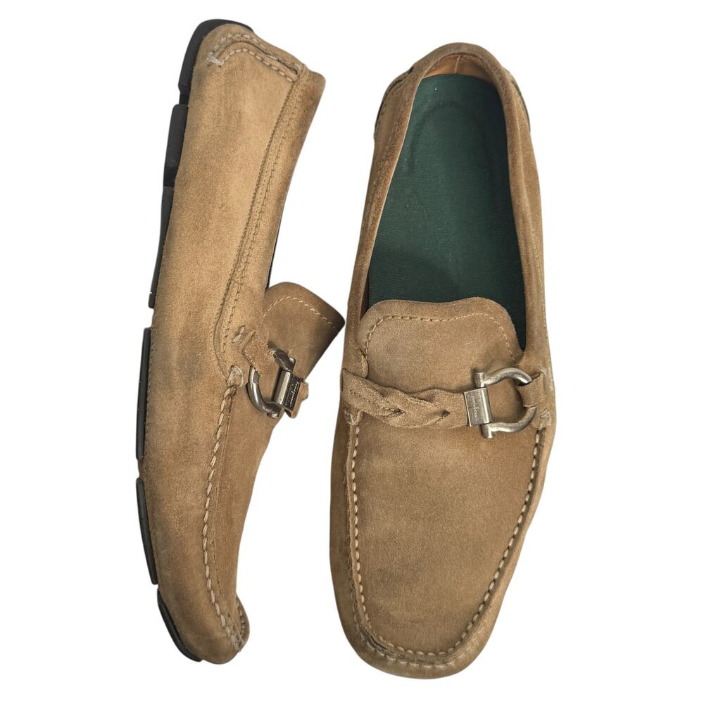 Y2K Salvatore Ferragamo Gancini Suede Driving Loafers Tan size 10 D Italy